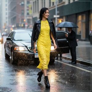 $2750 Monique Lhuillier Sunshine Yellow Guipure Lace Runway Midi Dress with Slip